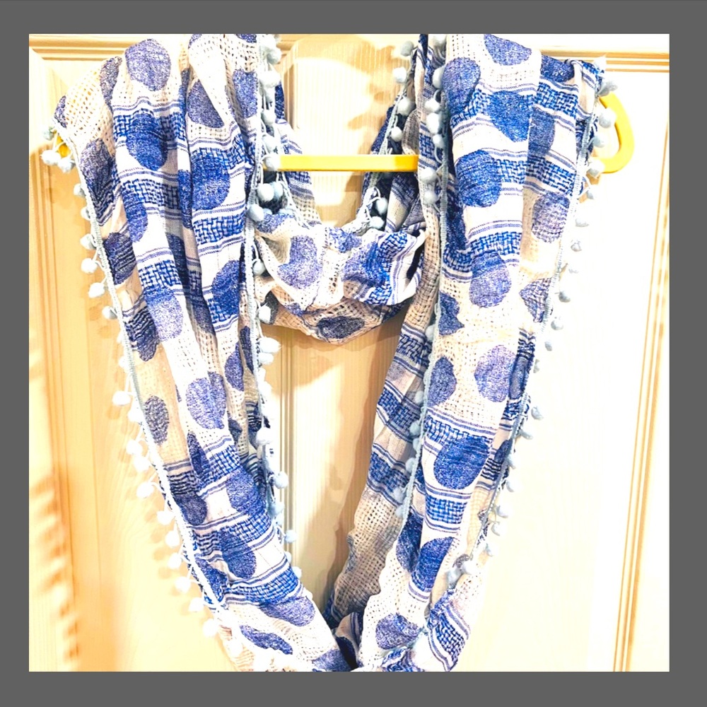 Collection 18 blue & white infinity scarf with light blue Pom Poms.